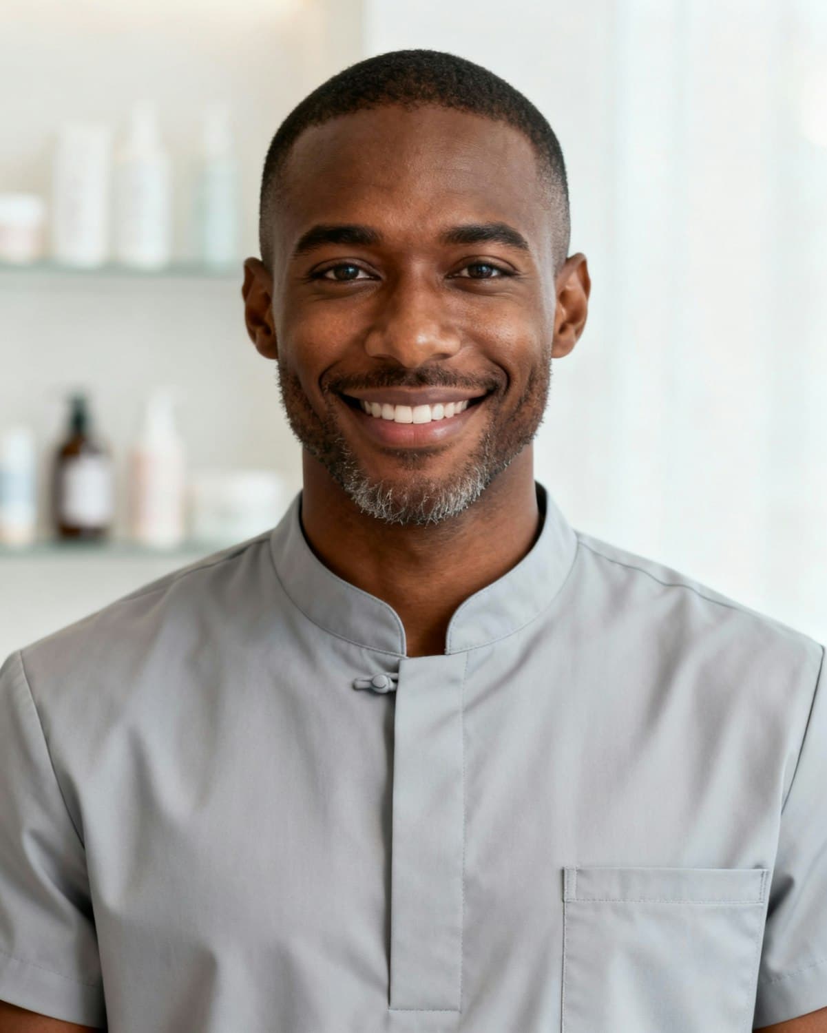 A smiling clinician in a grey uniform